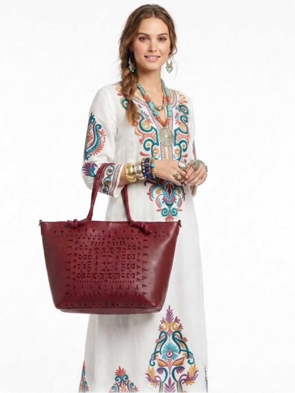 Y2K Isabella Fiore Red Leather Laser Cut Out Tote w/ Shoulder Strap Large Boho